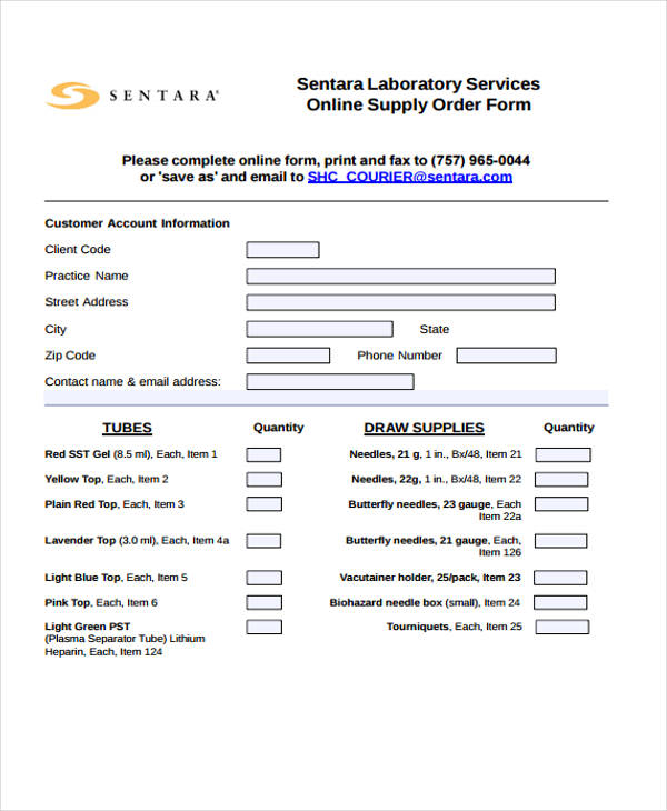 lab supply service order form