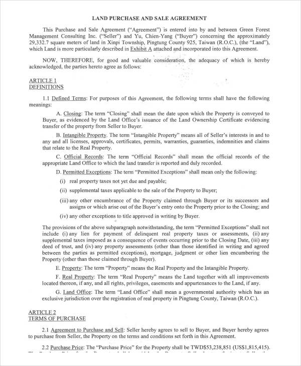 land purchase sales agreement form