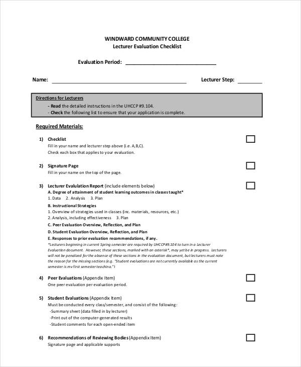 lecture evaluation checklist form