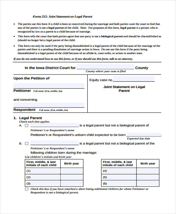 legal statement parent form