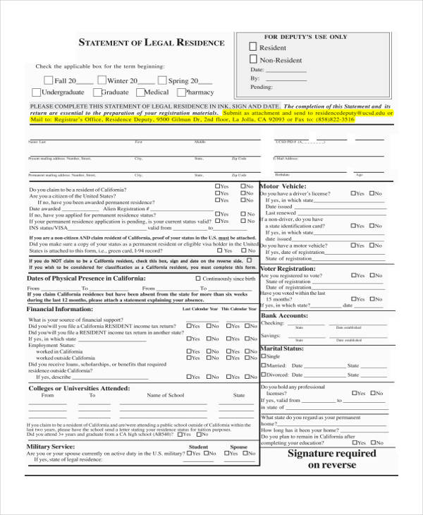legal statement residence form1