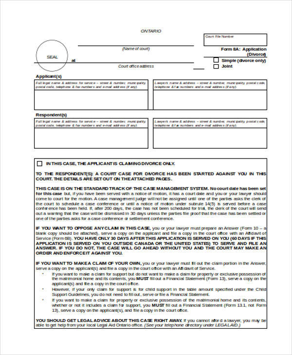 marriage divorce application form example