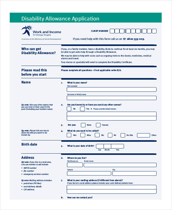 medical disability allowance application form