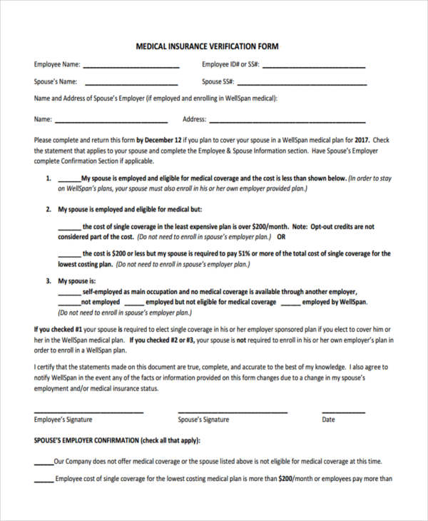 Printable Insurance Verification Form