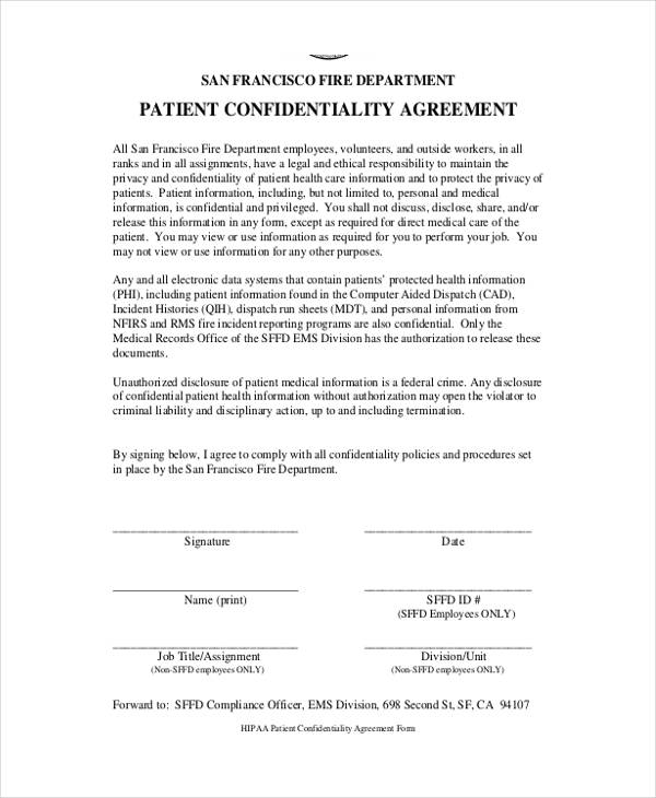 medical patient confidentiality agreement form