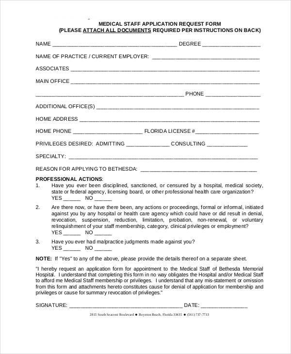 medical staff application request form