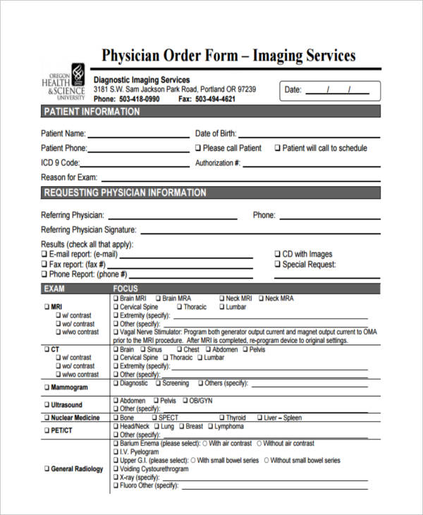 medical test order form