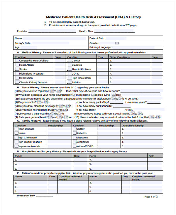 medicare health risk assessment form