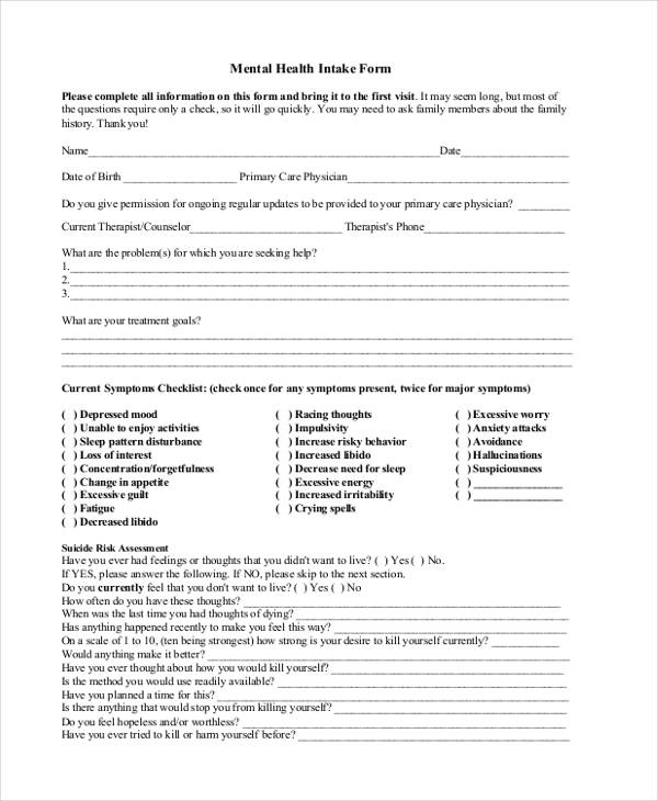 mental health assessment intake form