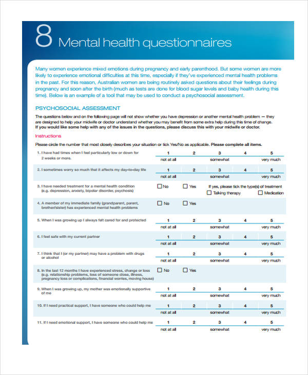 mental health assessment questionnaire form