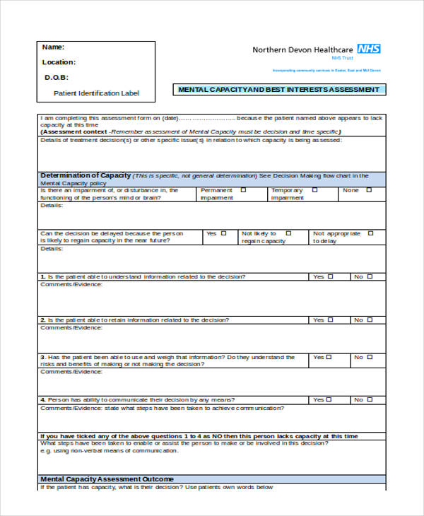 mental health capacity assessment form