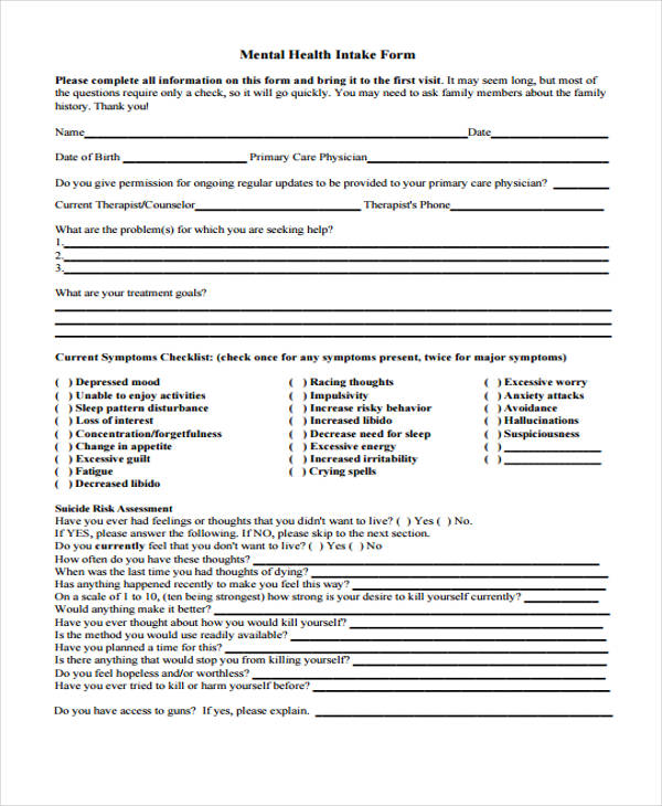 Printable Mental Health Intake Assessment Forms