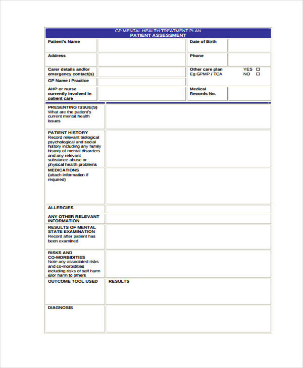 mental health patient assessment form