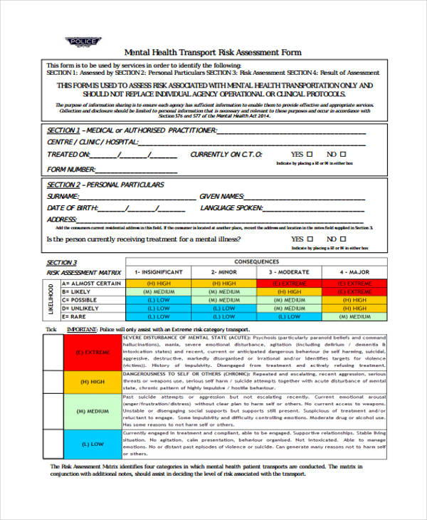 mental health transport risk assessment form