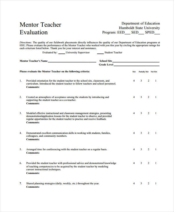 mentor teacher evaluation form 