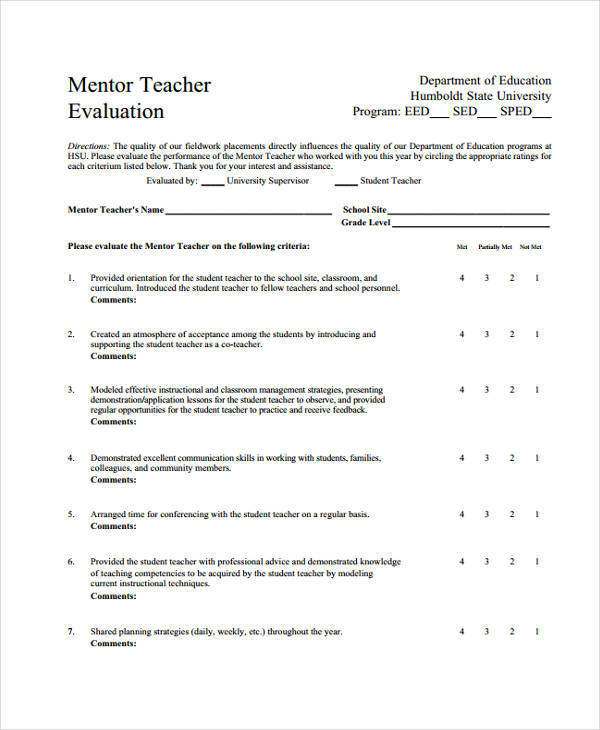 Free 9 Sample Mentor Evaluation Forms In Ms Word Pdf 1303