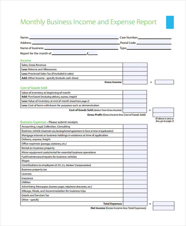 monthly expenses for business