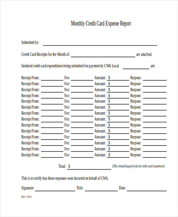 monthly credit card expense report form