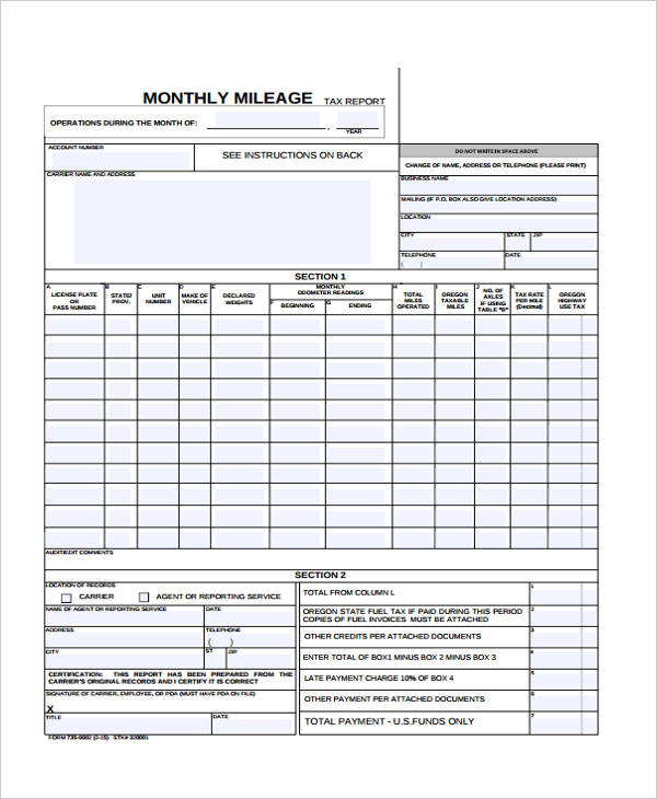 monthly mileage expense report form form