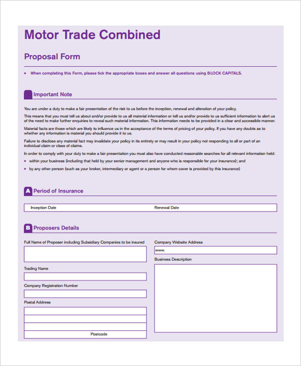 motor trade combined proposal form