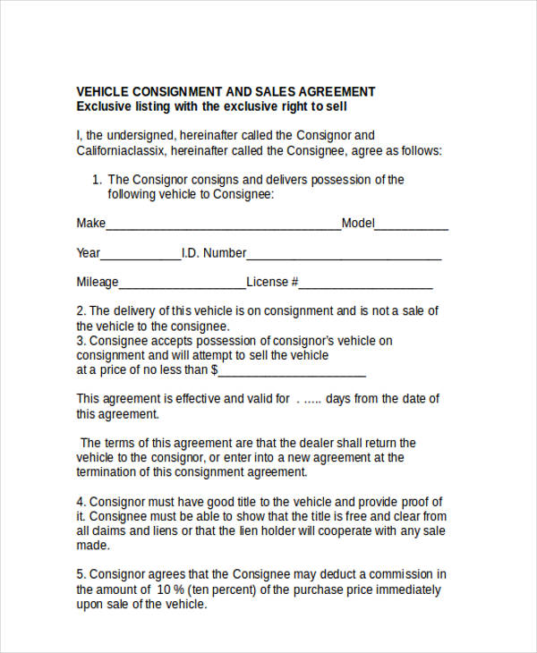 motor vehicle consignment sales agreement form
