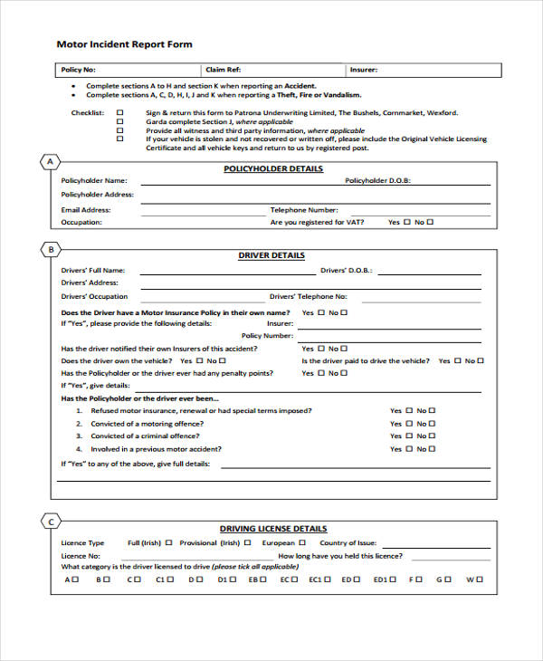 motor vehicle incident report form