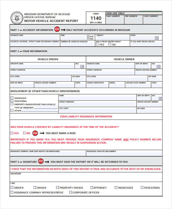 Motor Vehicle Accident Report Form Template