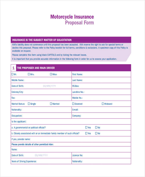 motorcycle insurance proposal form