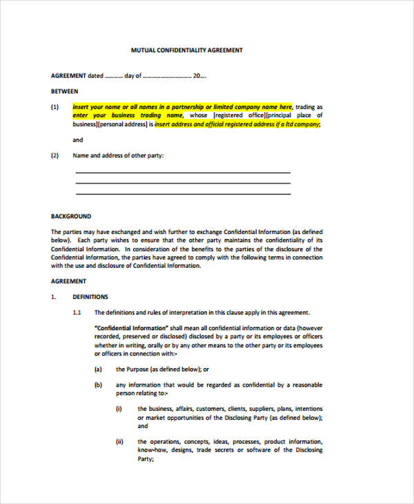 mutual confidentiality plan agreement form