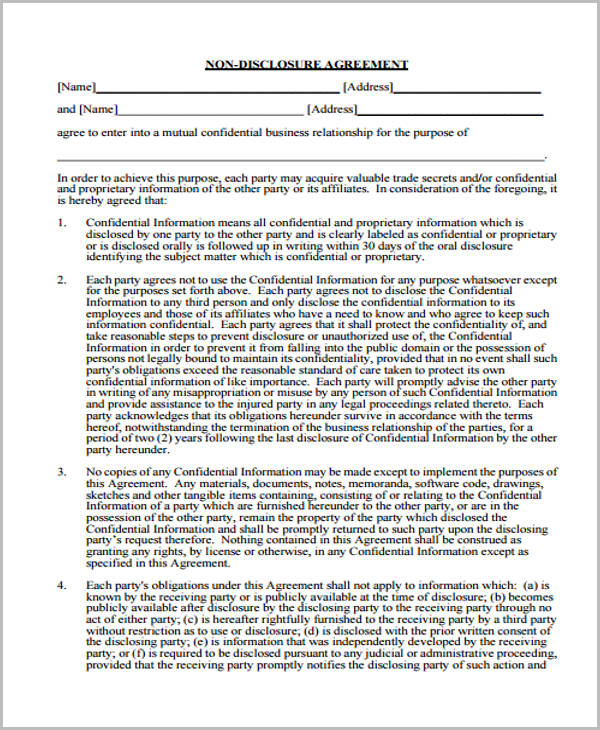 mutual non disclosure confidentiality agreement form