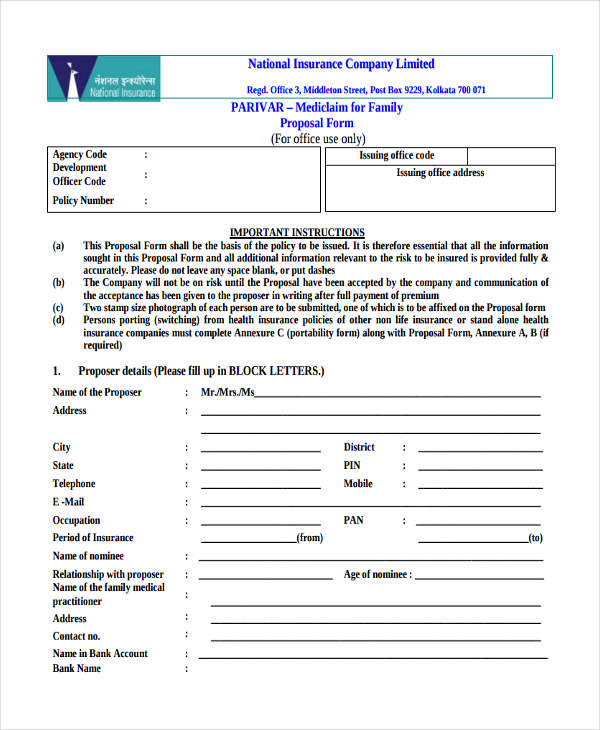 national insurance mediclaim proposal