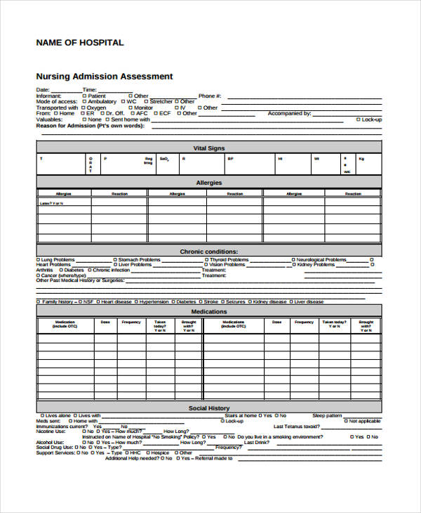 nursing adult assessment checklist form