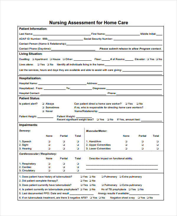 Printable Nursing Assessment Forms   Nursing Home Care Assessment Form 