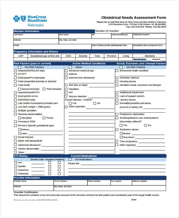 obstetrical needs assessment form example