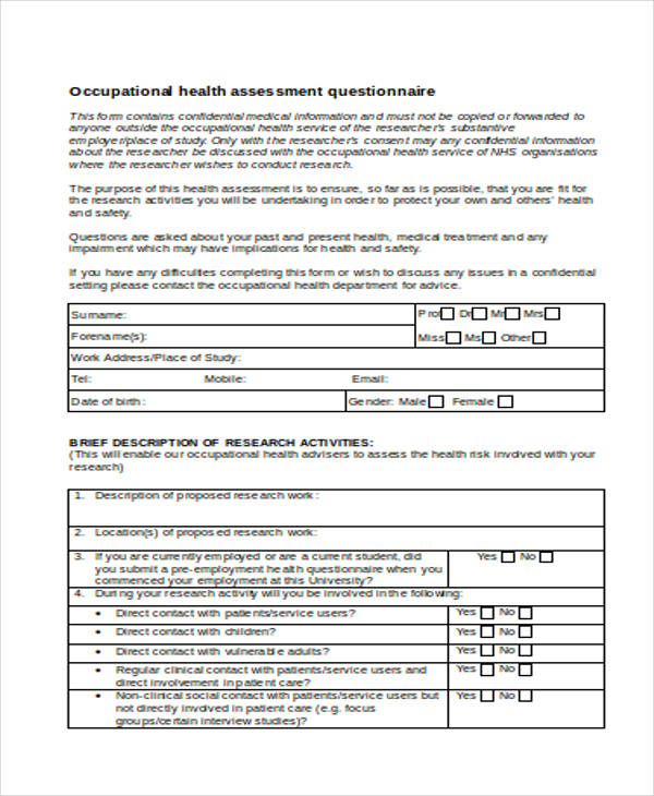 occupational health assessment report form