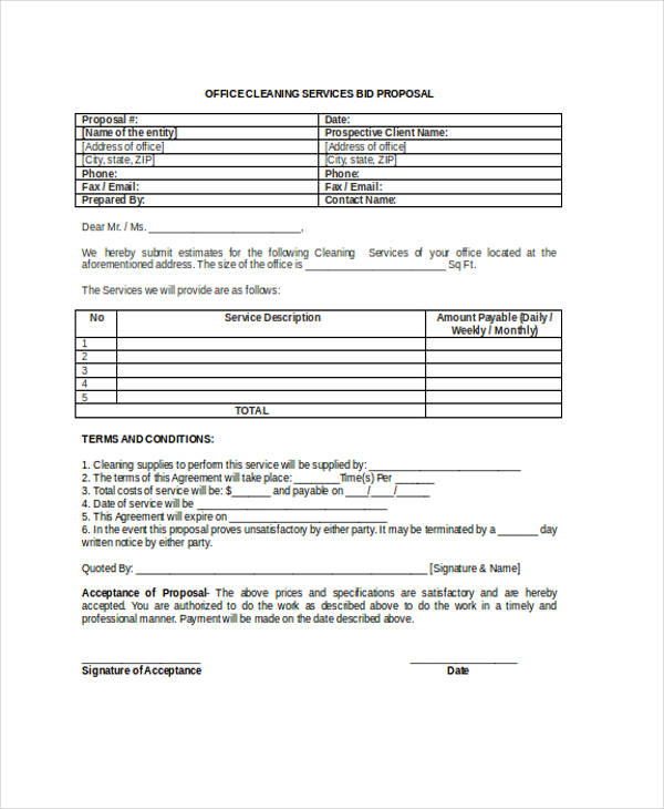 Cleaning Bid Proposal Template Free Database