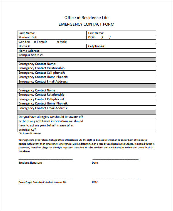 office residence emergency contact form