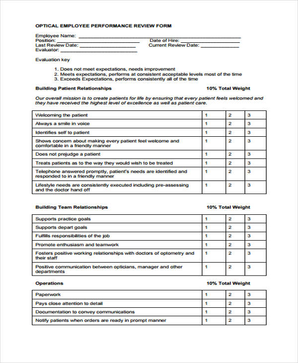optical employee performance review form