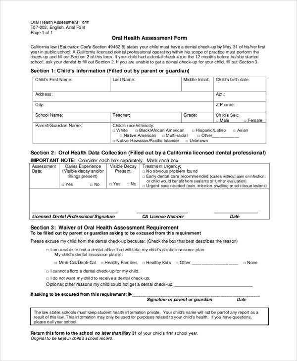 oral health assessment form for adult