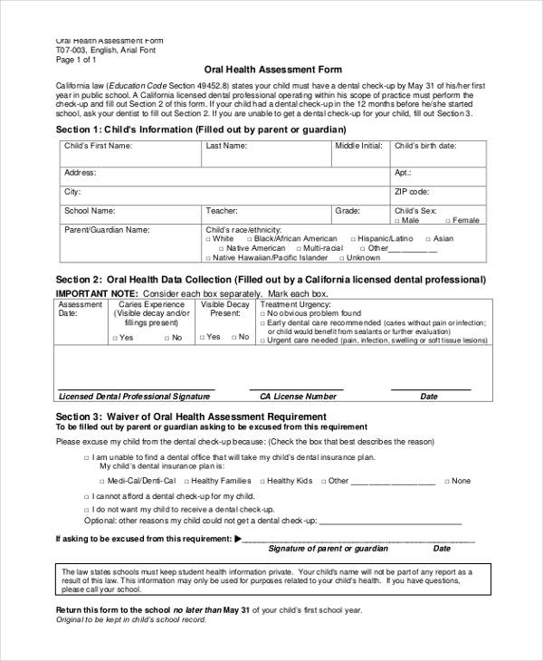 Oral Health Assessment Form 94