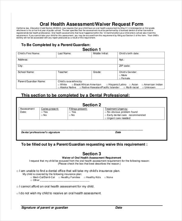 oral health assessmentwaiver request form