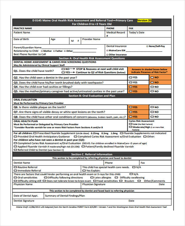 oral health risk assessment form