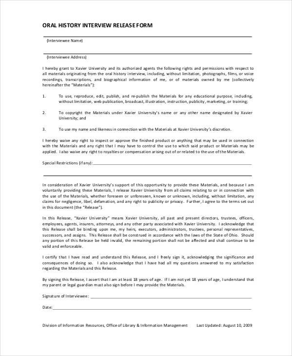 oral history interview release form