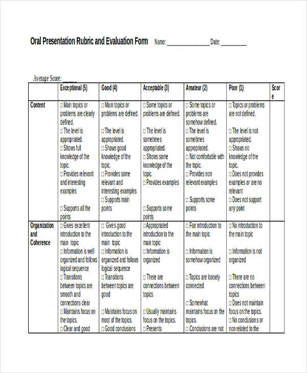 oral presentation rubric evaluation form