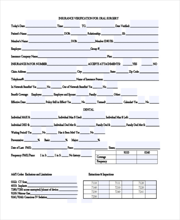 Printable Medical Insurance Verification Form Template Printable