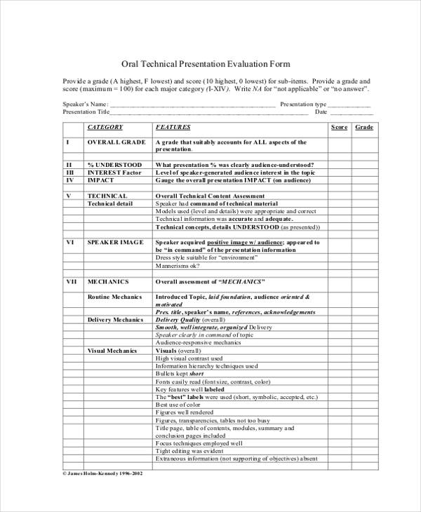 oral technical presentation feedback form