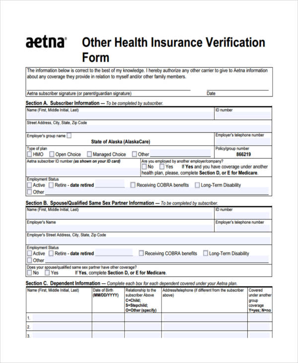 other health insurance verification form