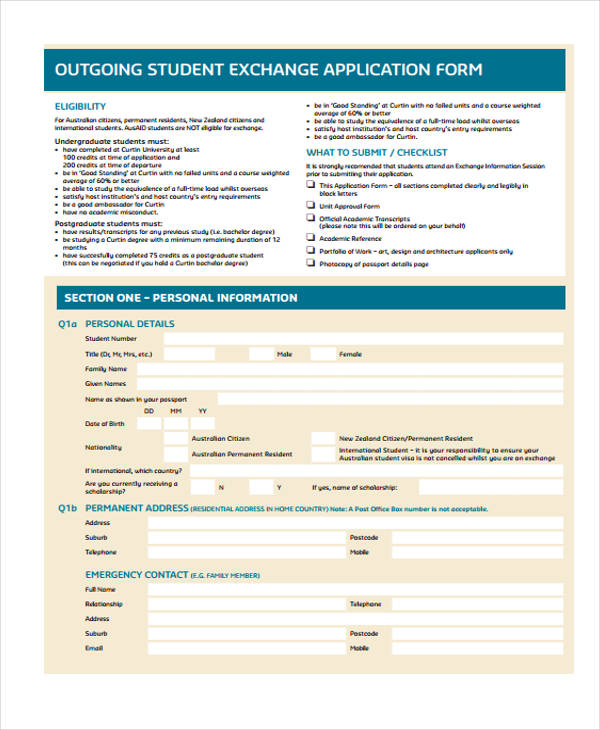 outgoing student exchange application form