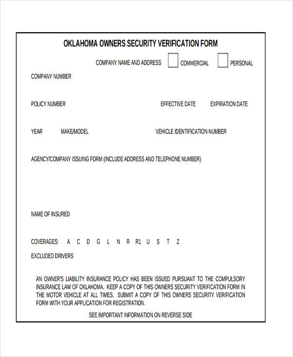 owners insurance security verification form