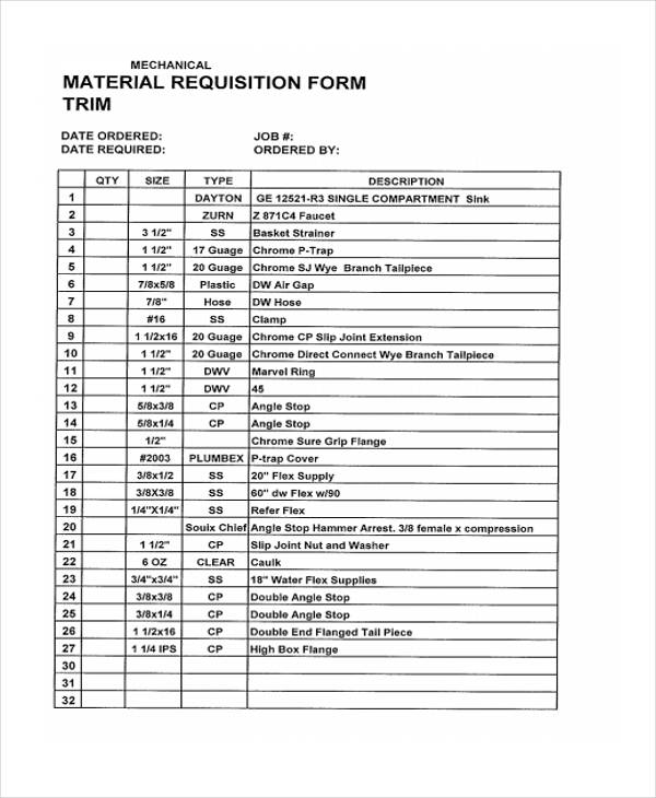 packing material requisition form format